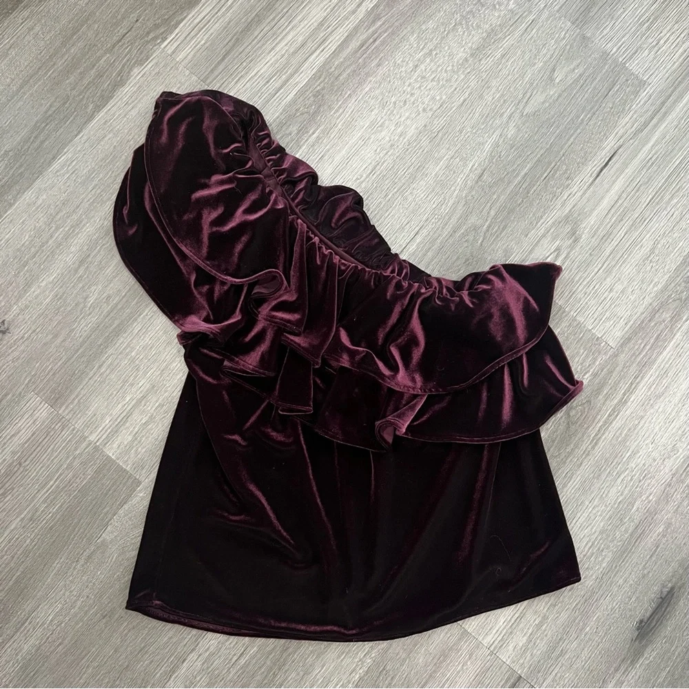 Misa Agus Purple Velvet One Shoulder Ruffle Top XS - Picture 5 of 5